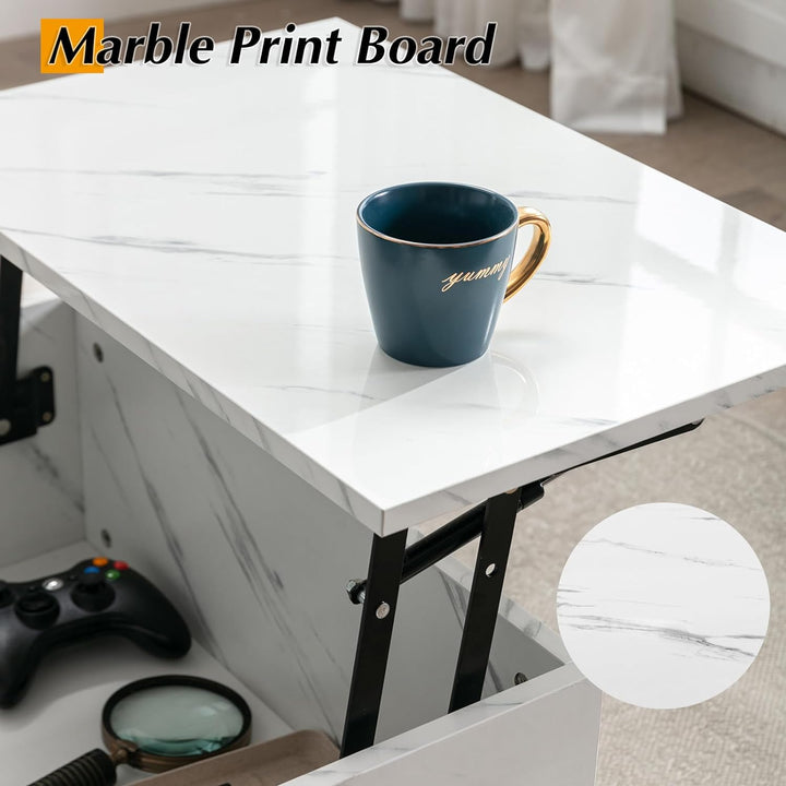 COSVALVE Lift Top Coffee Table, Modern Extendable Pull Up Center Table with Storage, White Marble