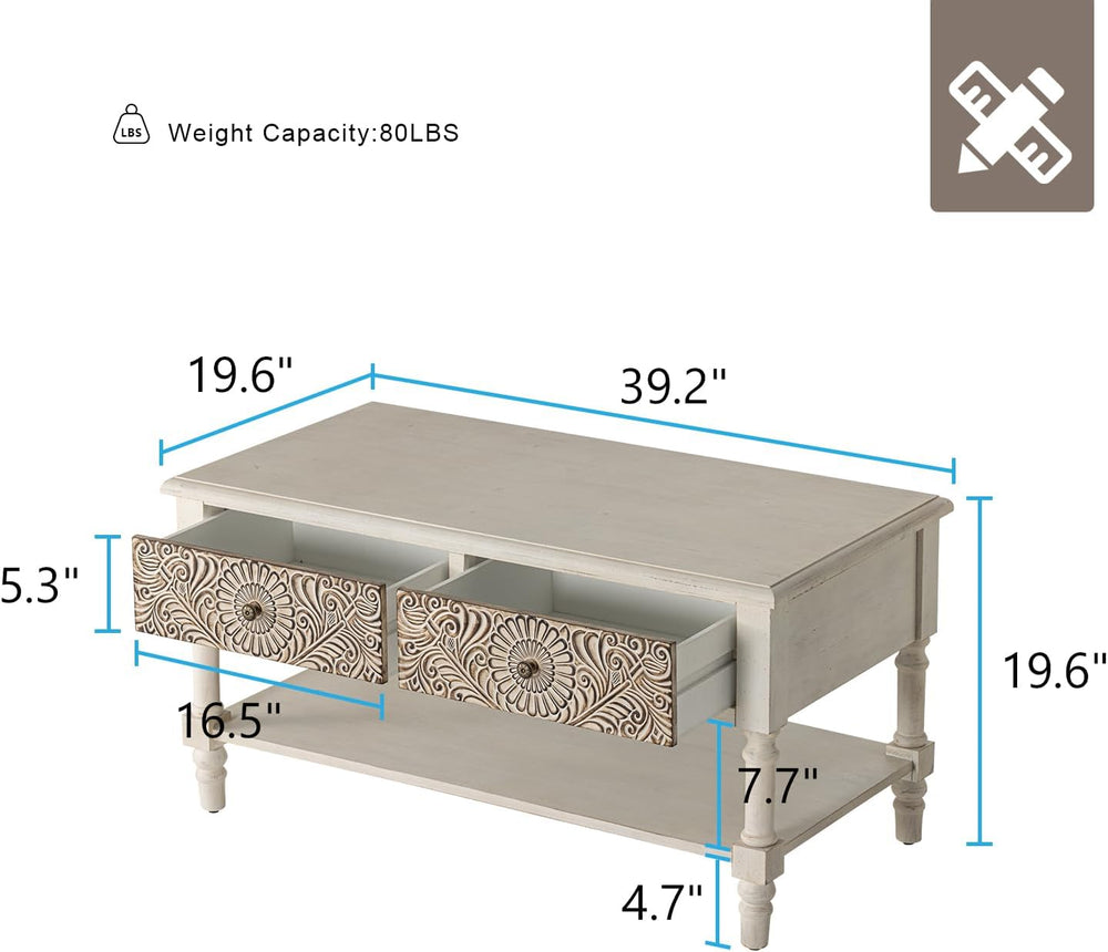 Farmhouse Wood Coffee Table with Floral Pattern, Vintage Center Table