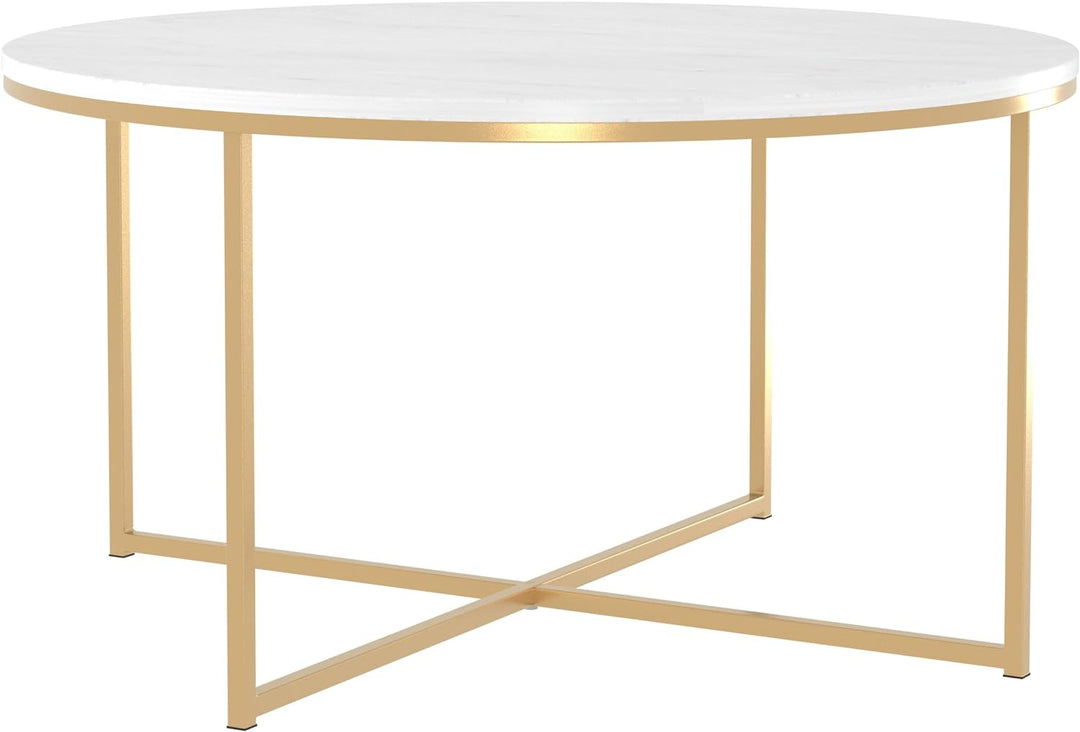 Modern Glam Round Accent Coffee Table, Faux White Marble, Gold