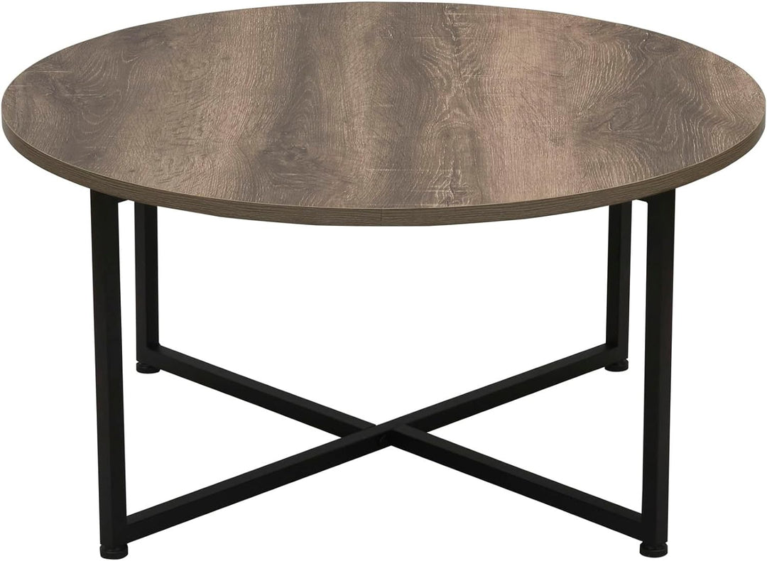 Jamestown Round Coffee Table, Rustic Wood Grain and Black Metal