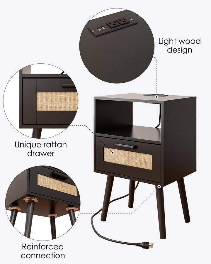 Rattan Nightstand w/ Charging Station, Storage Drawers