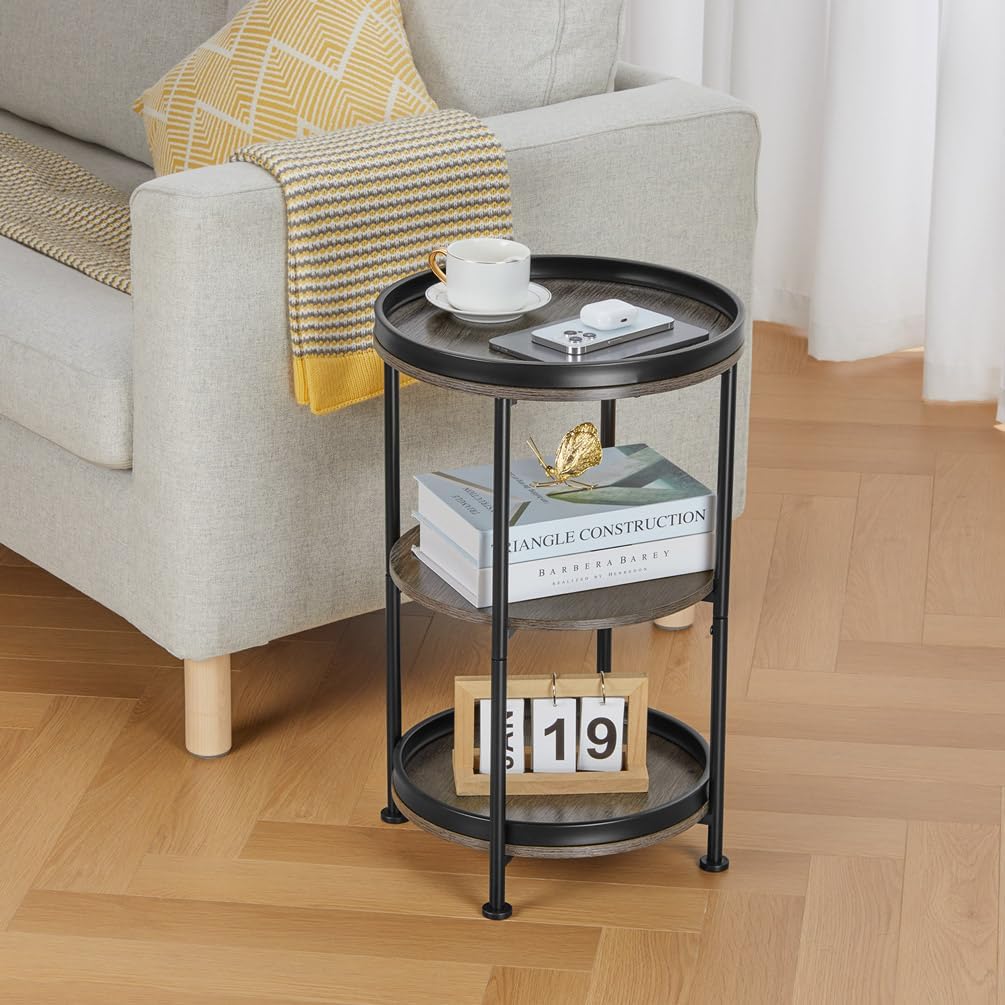 Side Table, 3 Shelves, Steel Frame, Grey