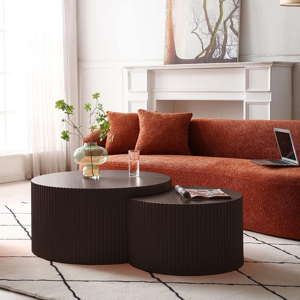 Modern Nesting Coffee Table Set, Round Drum Side Tables, Matte Brown