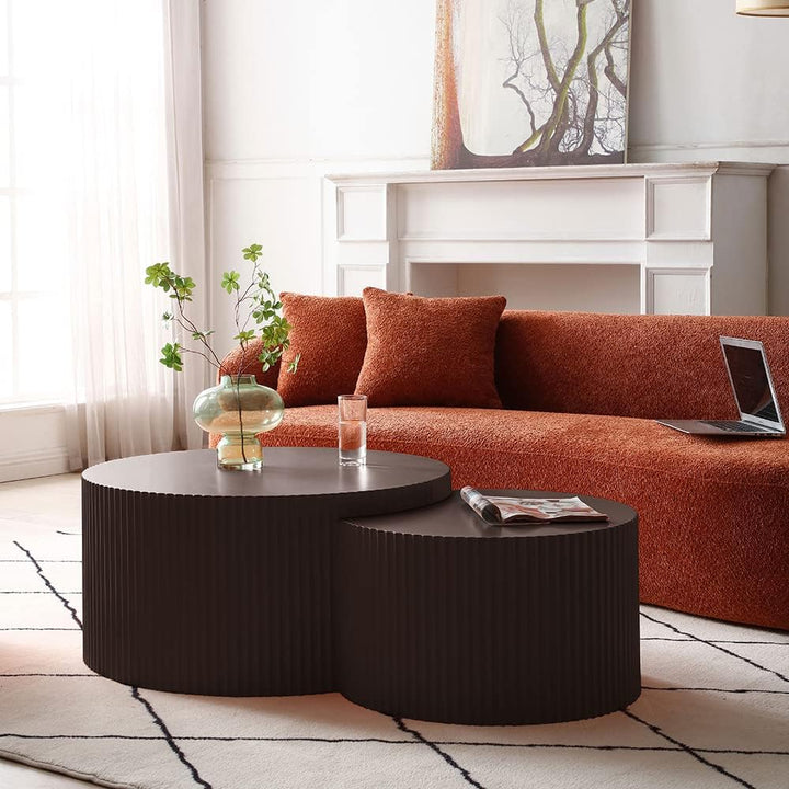 Modern Nesting Coffee Table Set, Round Drum Side Tables, Matte Brown