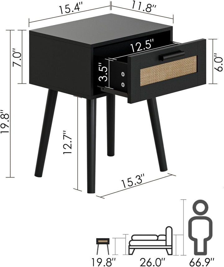 Wooden Nightstands with Rattan Weaving Drawer
