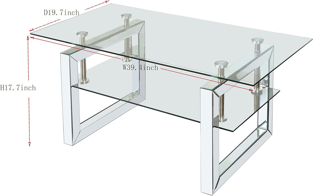 Glass Coffee Table, Modern Design with Lower Shelf, Mirrored Legs, Transparent