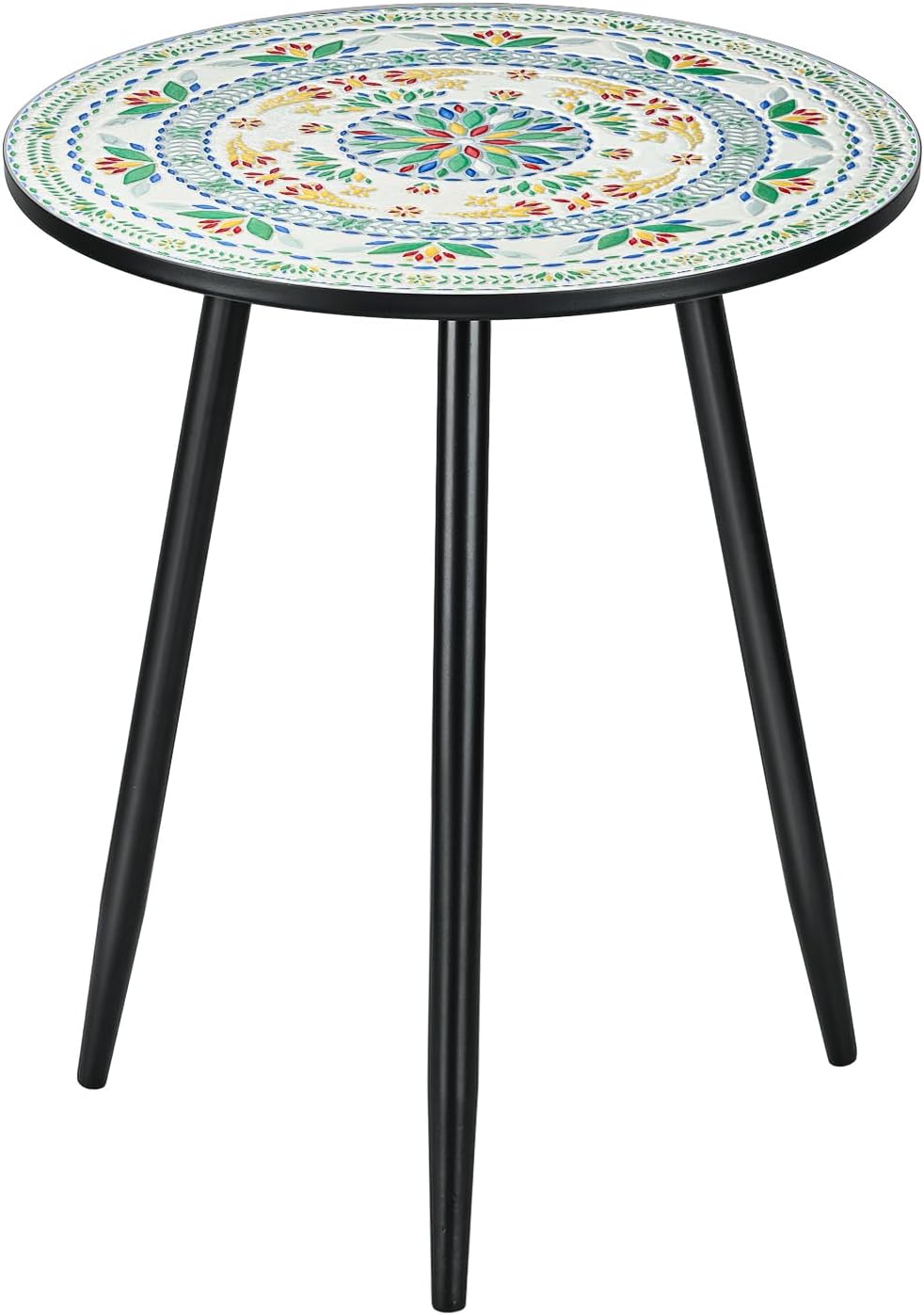 Round Side End Table, 16" Unique Relief Ceramic Tile Table Top with Metal Structure