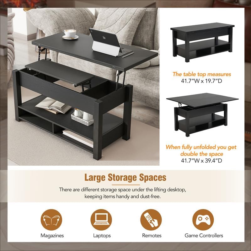 Versatile Coffee Table with Hidden Storage, Wooden Accent Table, Black