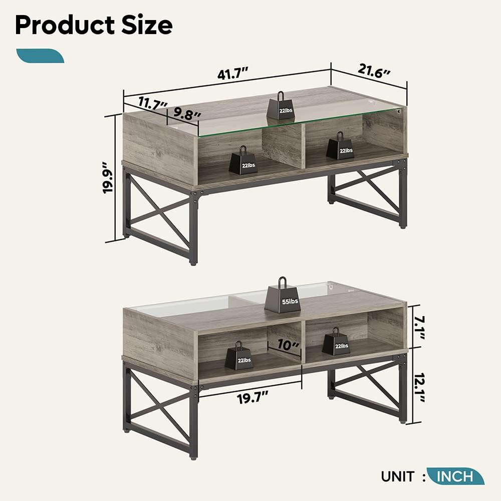 Bestier Wood Coffee Table with Glass Top, LED Lighting, Grey Wash