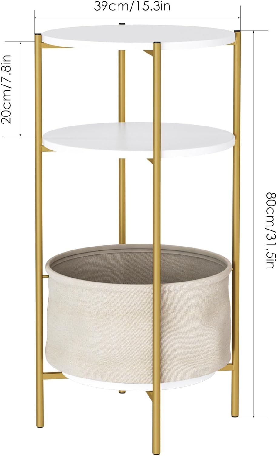 Round End Table, 3-Tier Side Table Accent, White/Gold