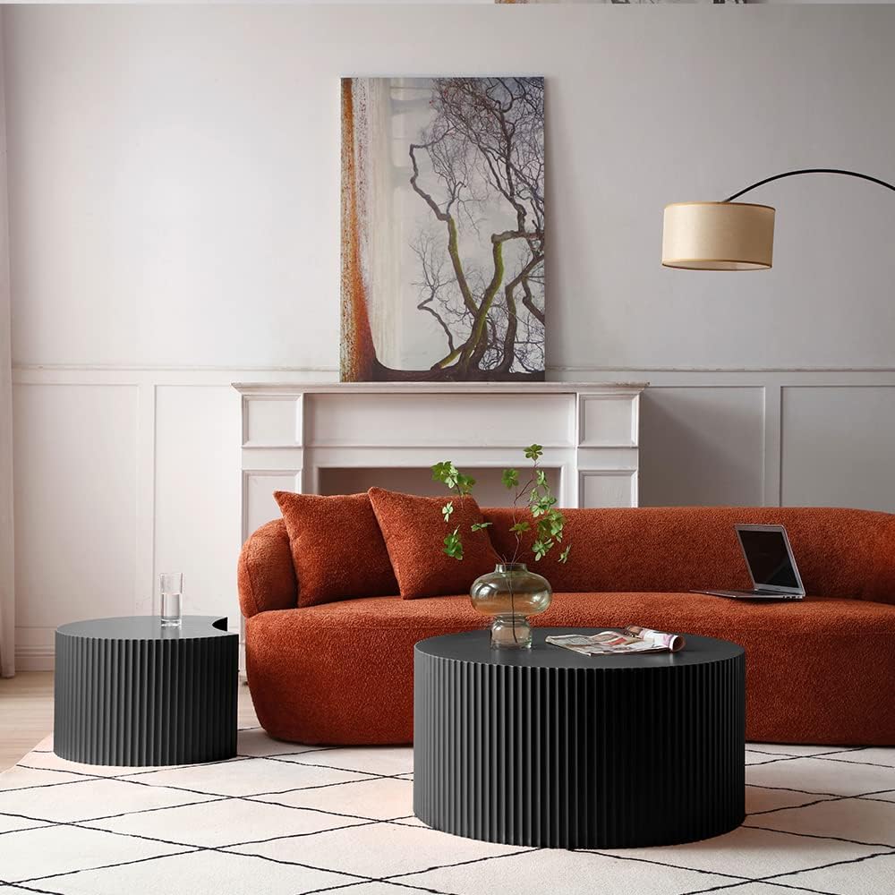 Black Round Coffee Table Set of 2, Modern Drum Coffee Tables (Matte-Black)