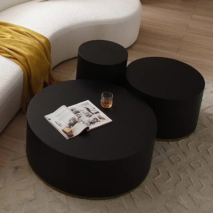 Elegant Round Coffee Table Set with Gold Rim, 3 Set -Black