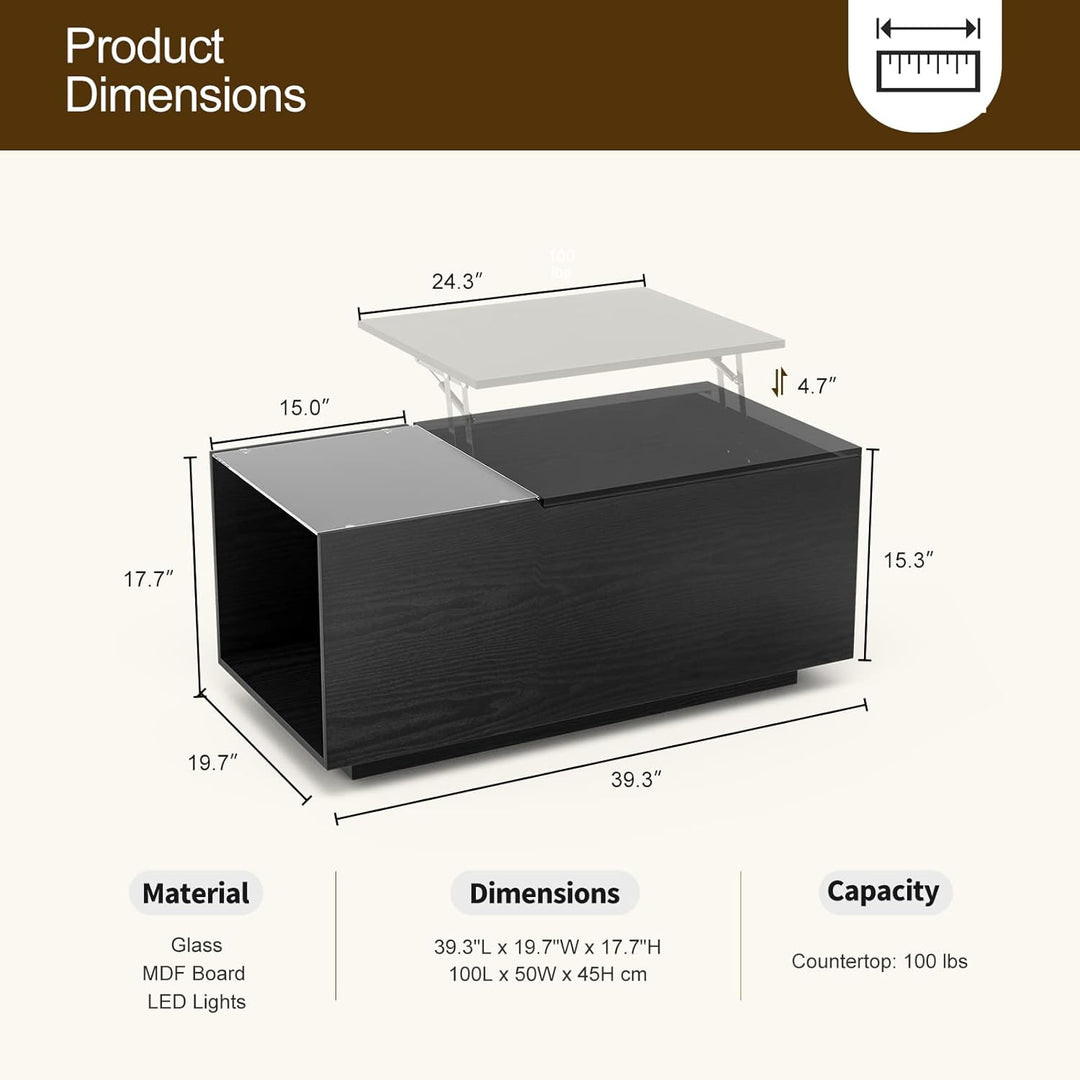IKIFLY Lift Top Coffee Table, LED Lights, Charging, Black