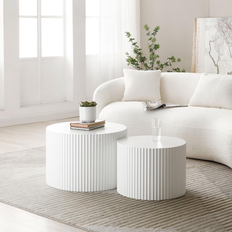 Set of 2 White Round Coffee Tables, Modern Nesting Coffee Table, Round-white-1