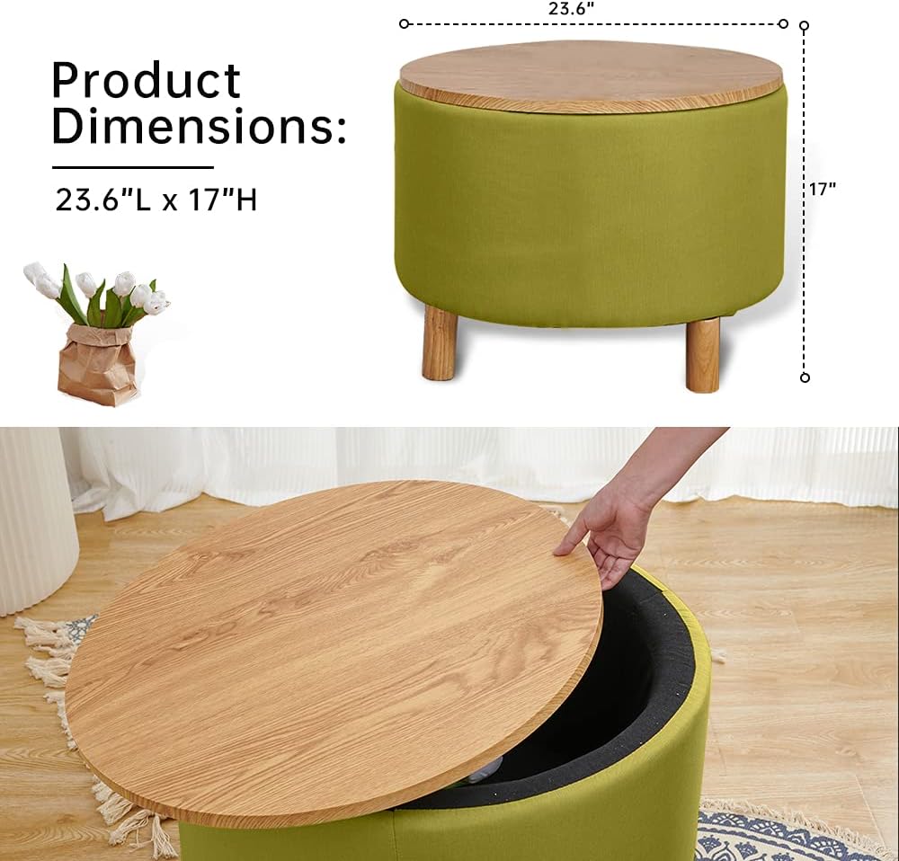 Round Coffee Table with Storage, Multi-Function Ottoman Foot Rest, Natural