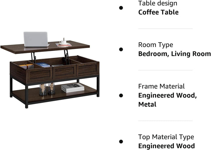 Lift Top Coffee Table with Hidden Compartments, Espresso