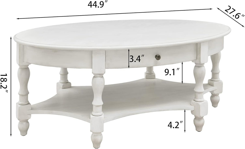 Elegant 2-Tier Oval Coffee Table, Solid Wood Victorian Style, Grey White