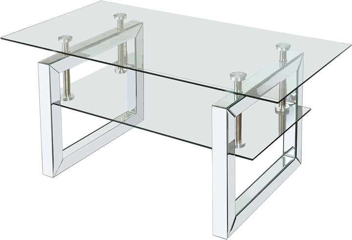 Glass Coffee Table, Modern Design with Lower Shelf, Mirrored Legs, Transparent