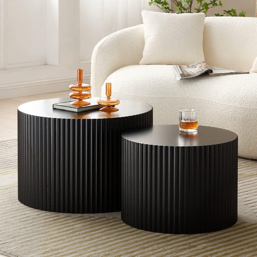 Elegant Round Nesting Coffee Table Set, Modern Fluted Drum, Black