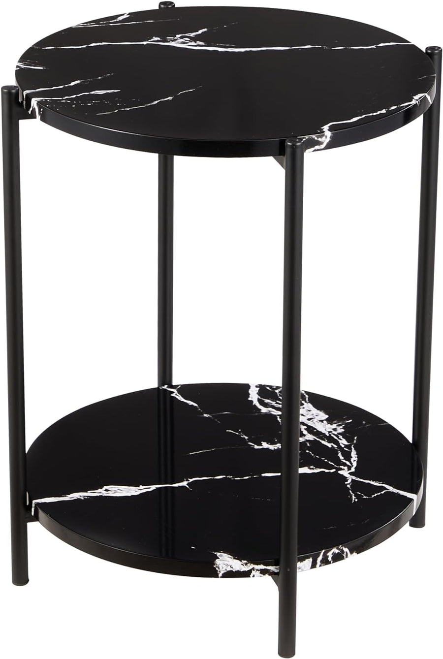 2 Tier Round Side Table, Faux Marble Black Accent Table