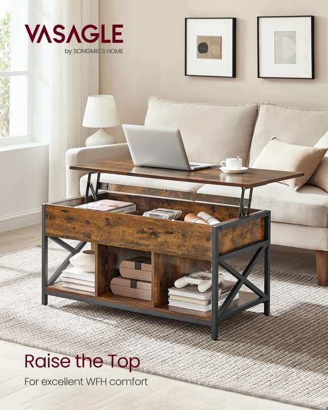 Lift Top Coffee Table with Hidden Storage, Rustic Brown, Black