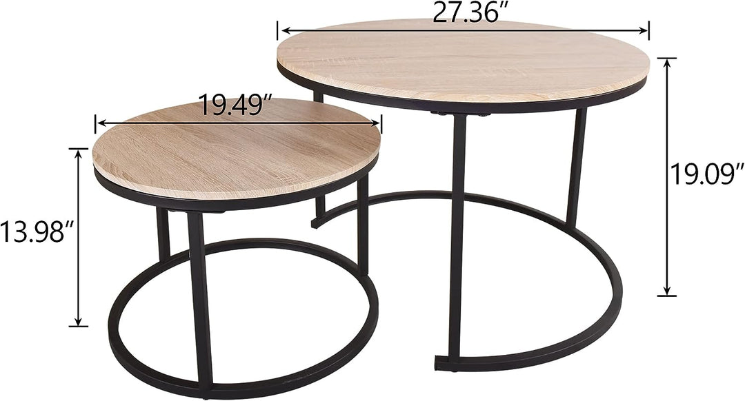 Stylish Industrial Round Coffee Tables, Set of 2, Black Metal