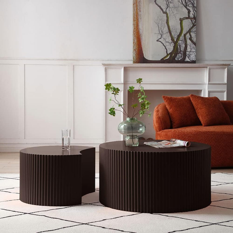 Modern Nesting Coffee Table Set, Round Drum Side Tables, Matte Brown