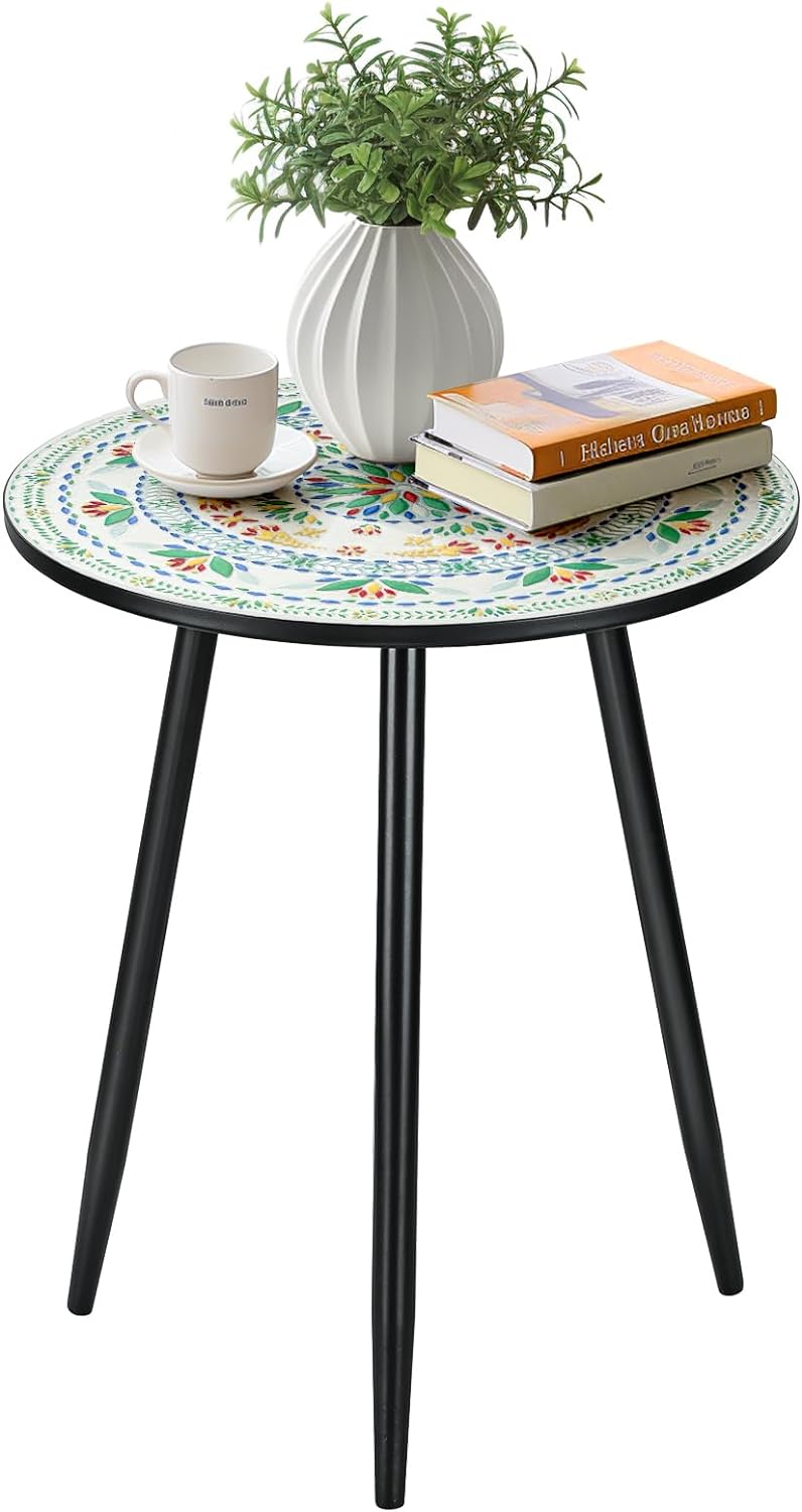 Round Side End Table, 16" Unique Relief Ceramic Tile Table Top with Metal Structure