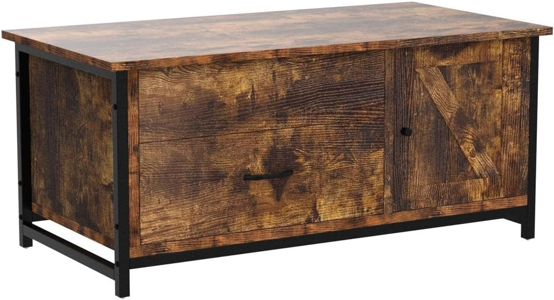 Lift Top Coffee Table with Storage, Barn Door Cabinet Console, Farmhouse Wood, Rustic Brown