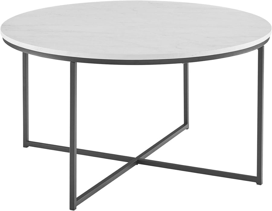 Modern Round Faux Marble Coffee Table with X Base, Marble