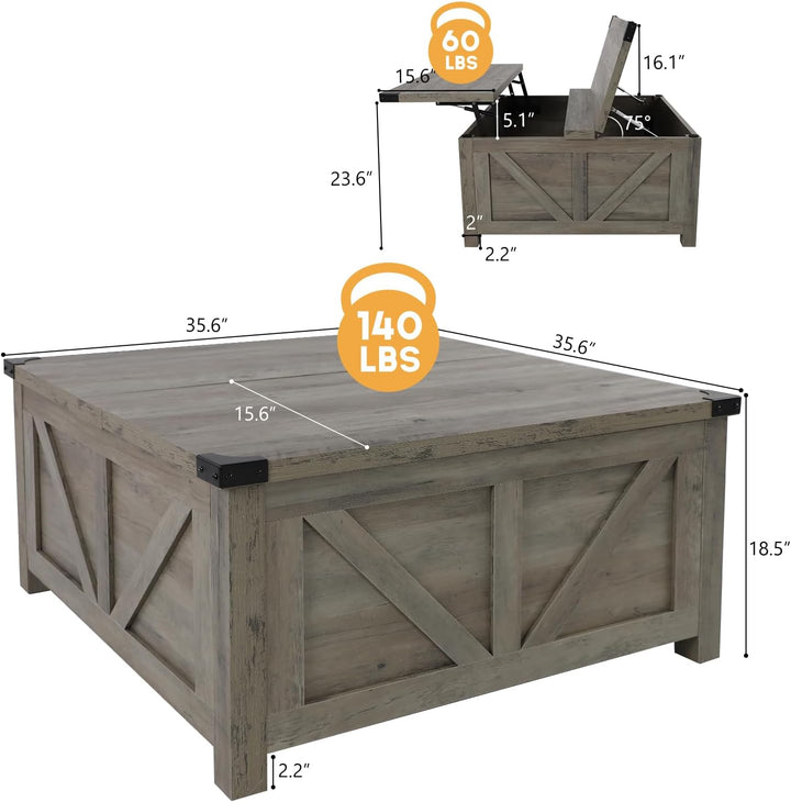 Farmhouse Lift Top Coffee Table with Storage, Wood Square Center Table with Charging Station and USB Ports, Grey