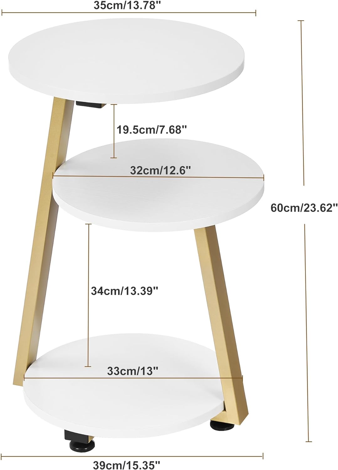 Round End Table 3-Tier Shelves White Gold