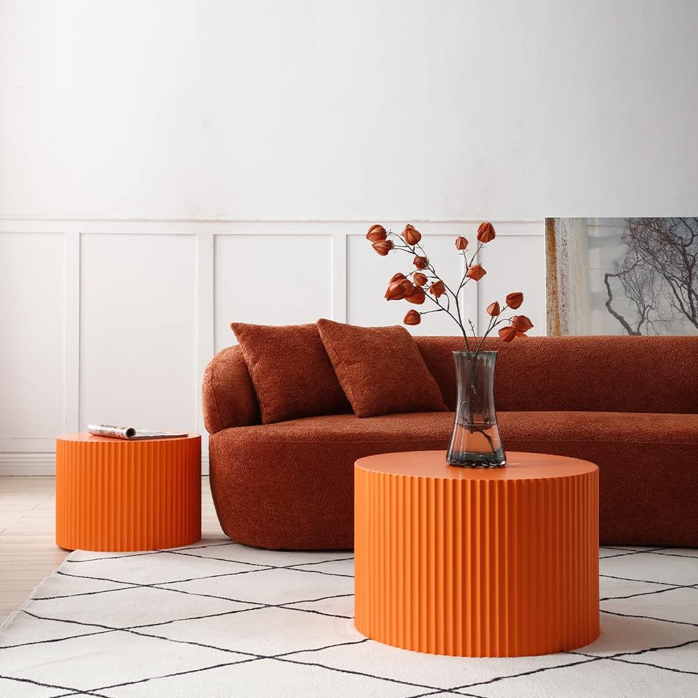 Modern Nesting Coffee Table Set, Round End Table, Wood Side Table, Orange