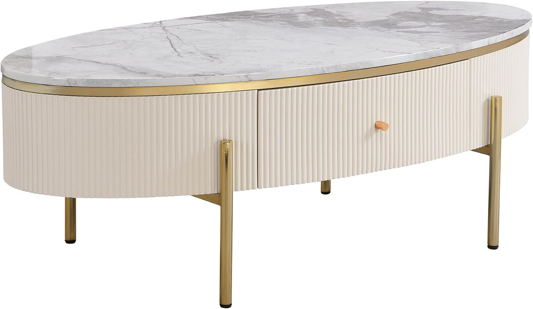 47.2''-Off White, Round Coffee Table with Drawers, Oval Marble Top