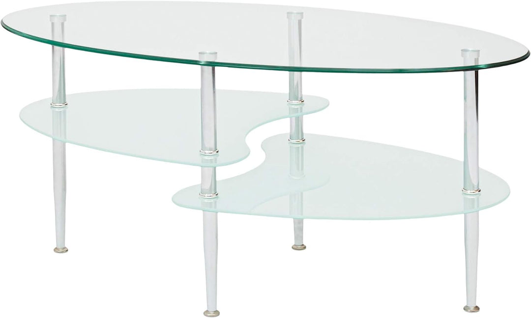 Modern Oval Glass Coffee Table with Storage Shelf