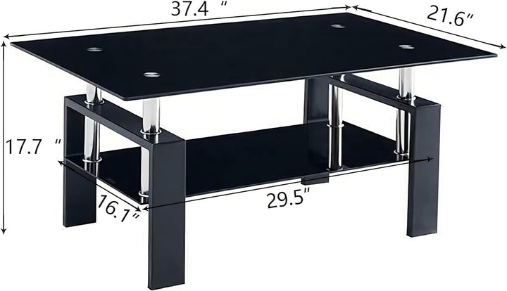 Living Room Glass Coffee Table, Tempered Glass Top, 2-Tier Shelf, Black