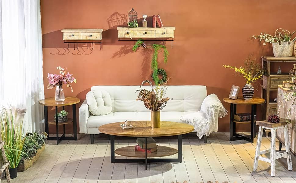 Rustic Mid-Century Wooden Coffee Table, 2-Tier Farmhouse Circle, Ct-oval,metal Leg