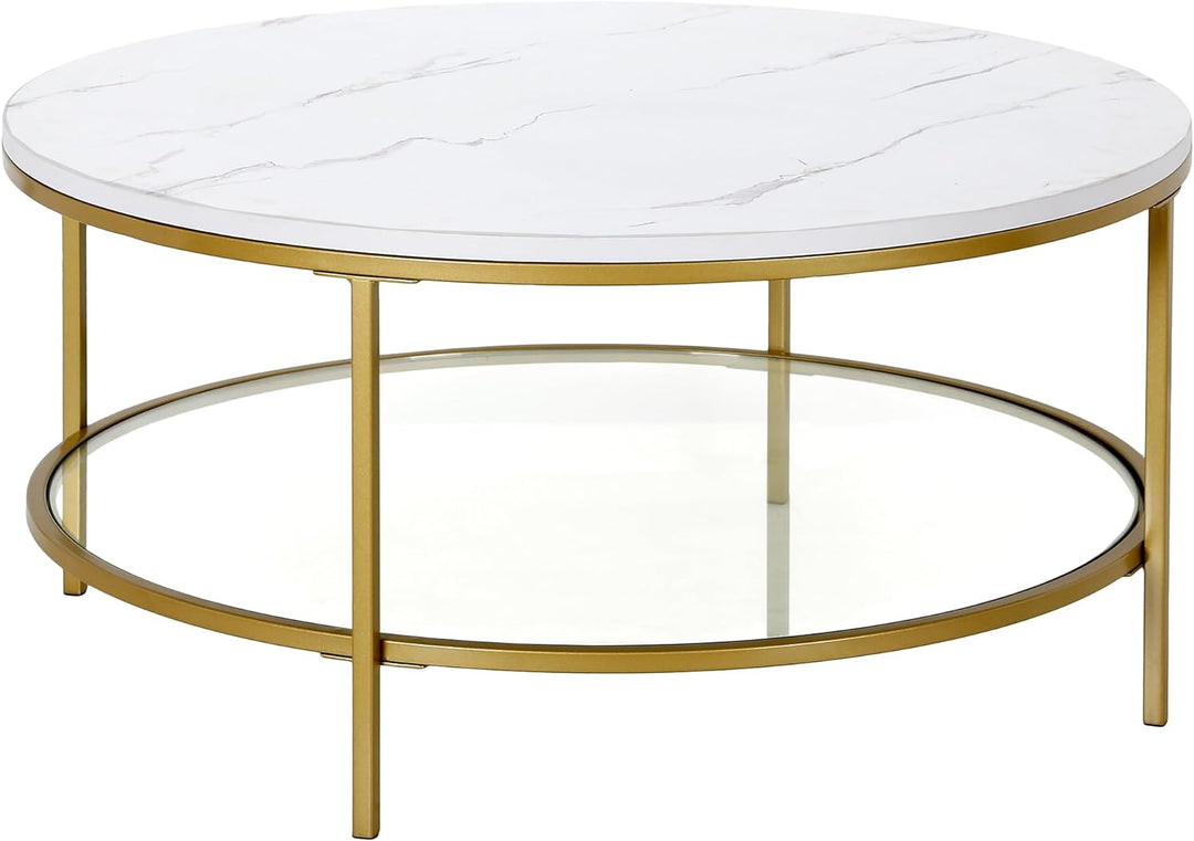 Faux Marble Top Round Coffee Table, Modern Design, Gold