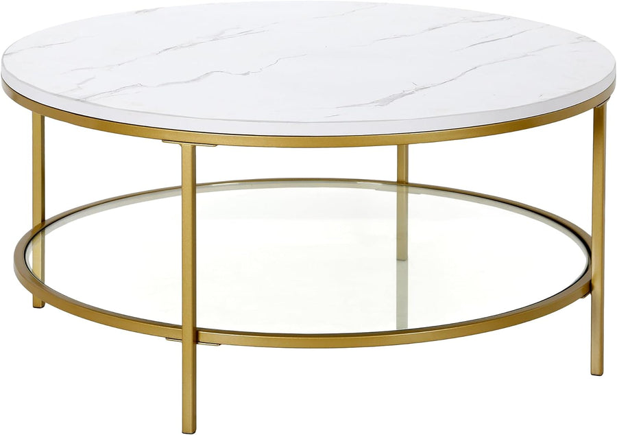 Faux Marble Top Round Coffee Table, Modern Design, Gold