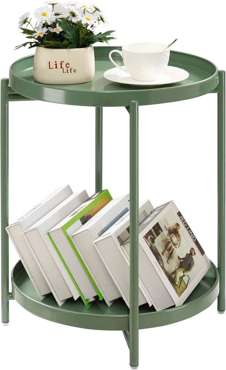 2 Tier Green Side Table, Folding Round Metal End