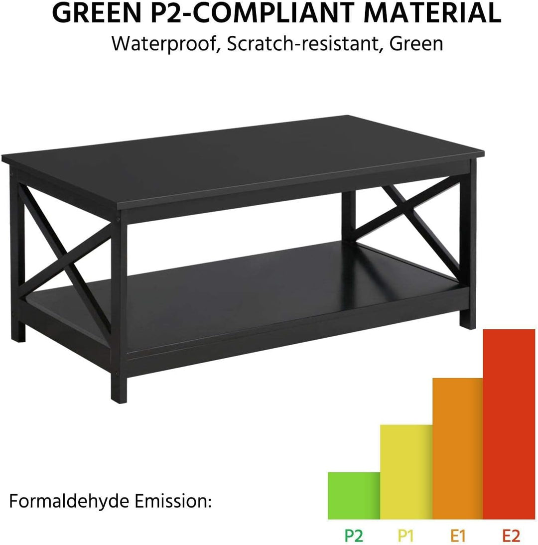 Stylish 2-Tier Wood Coffee Table, X-Shaped Accent Cocktail Table, Black