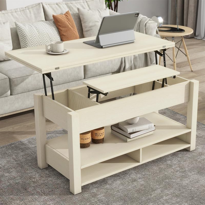 Lift Top Coffee Table with Storage Shelf, Wooden Coffee Tables, Ivory