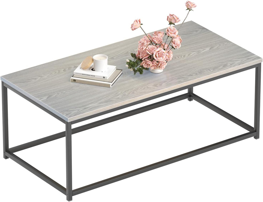 Modern Industrial Style Rectangular Coffee Table, Rustic Accent Minimalistic Furniture with Wood Grain Top & Metal Frame, Grey