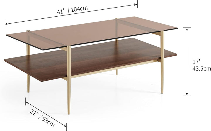 AGV LIGHTING Glass Coffee Table, Double Layer, Gold Frame, Coffee Brown Glass Top, Walnut Brown Wood Top