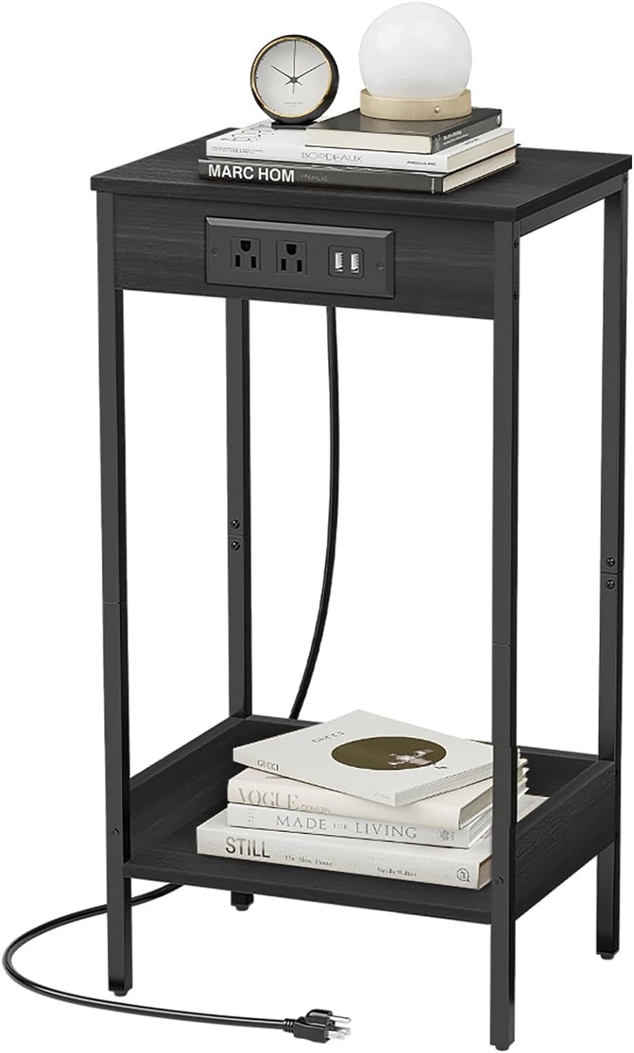 Tall Side Table w/ Charging Station, Black Table