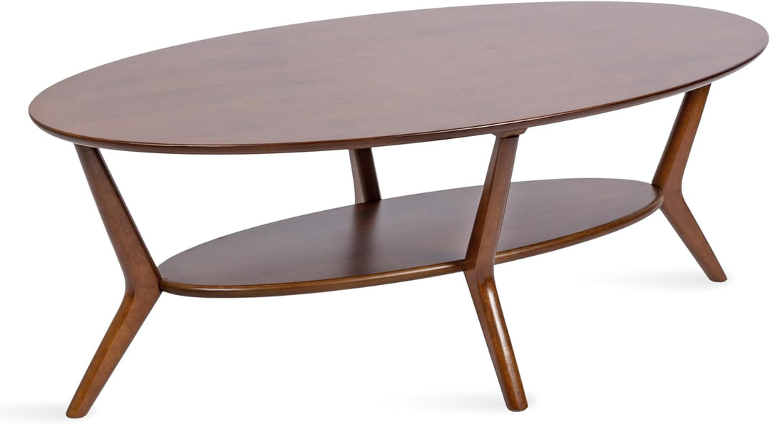 Nylah Mid-Century Modern Oval Coffee Table with Storage, Walnut Brown