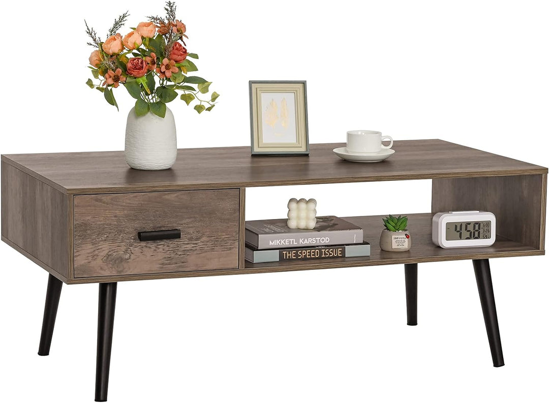 Rustic Oak Coffee Table with Storage, Drawer, and Shelf