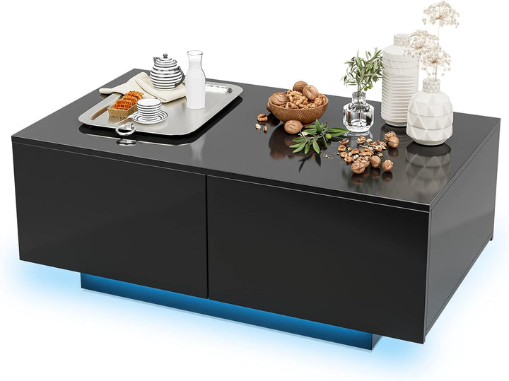 Modern LED Coffee Table with 4 Drawers, Black High Gloss