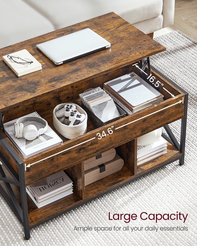 Lift Top Coffee Table with Hidden Storage, Rustic Brown, Black