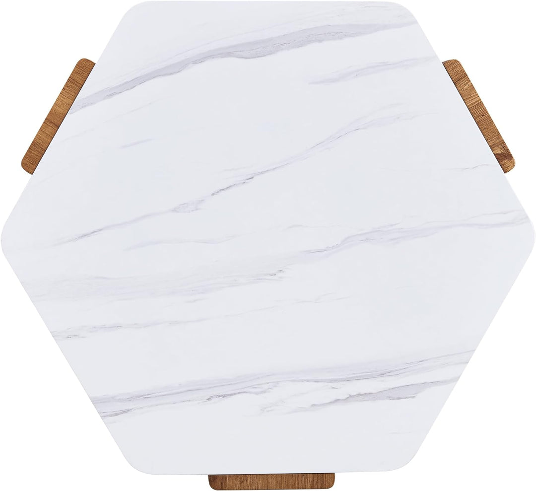 Stylish Hexagonal Coffee Table, White Marble Top, Wooden Legs